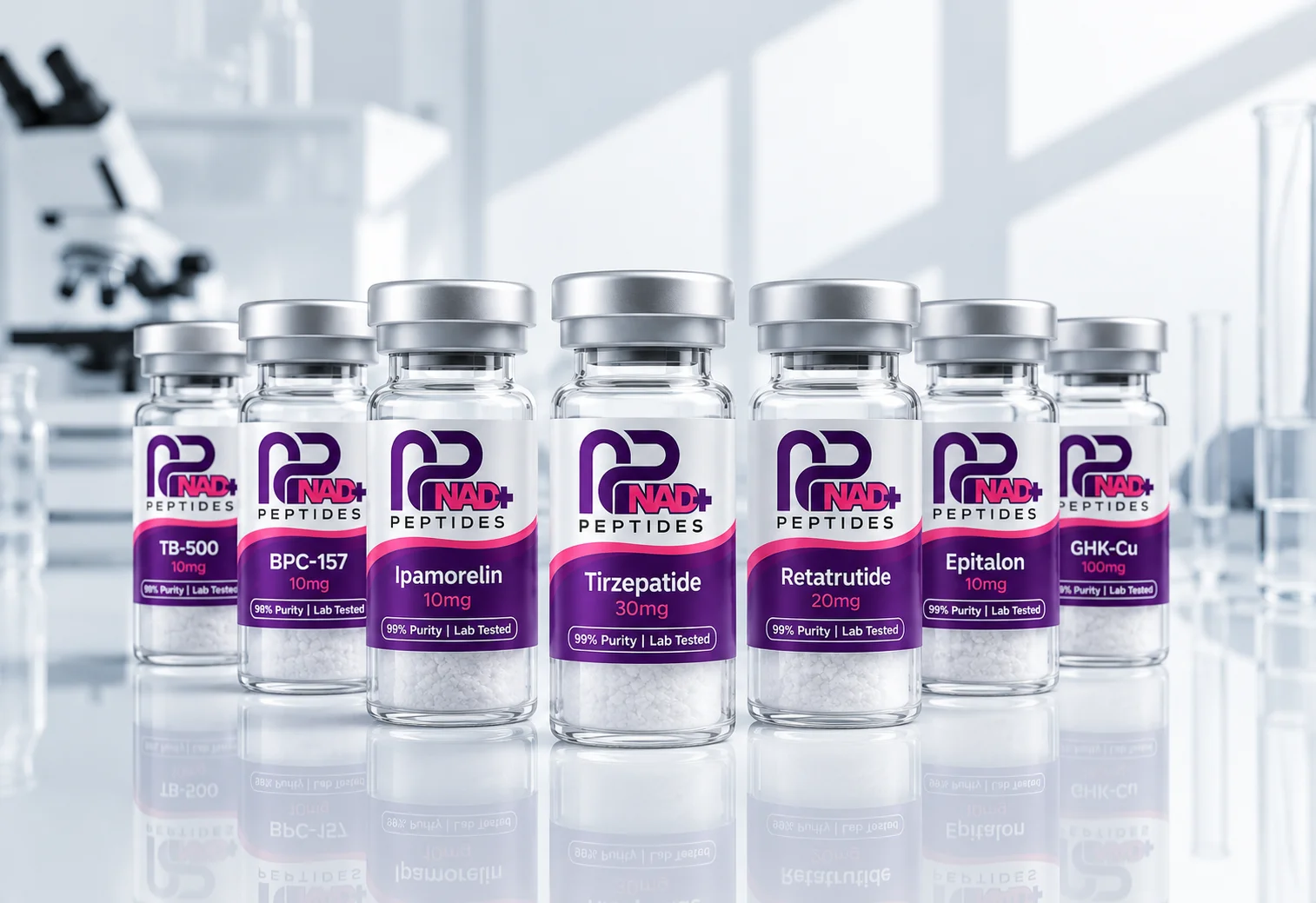 A row of sealed laboratory vials containing lyophilised compound
